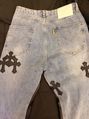 Light Blue Men's Denim Jeans with Black Cross Patches